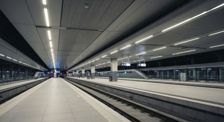 Modernized Warsaw East train station concourse with sleek architecture and dynamic lighting