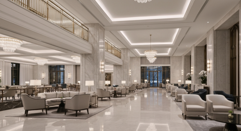 Elegant and modern hotel lobby interior showcasing luxurious design and sophisticated seating areas.