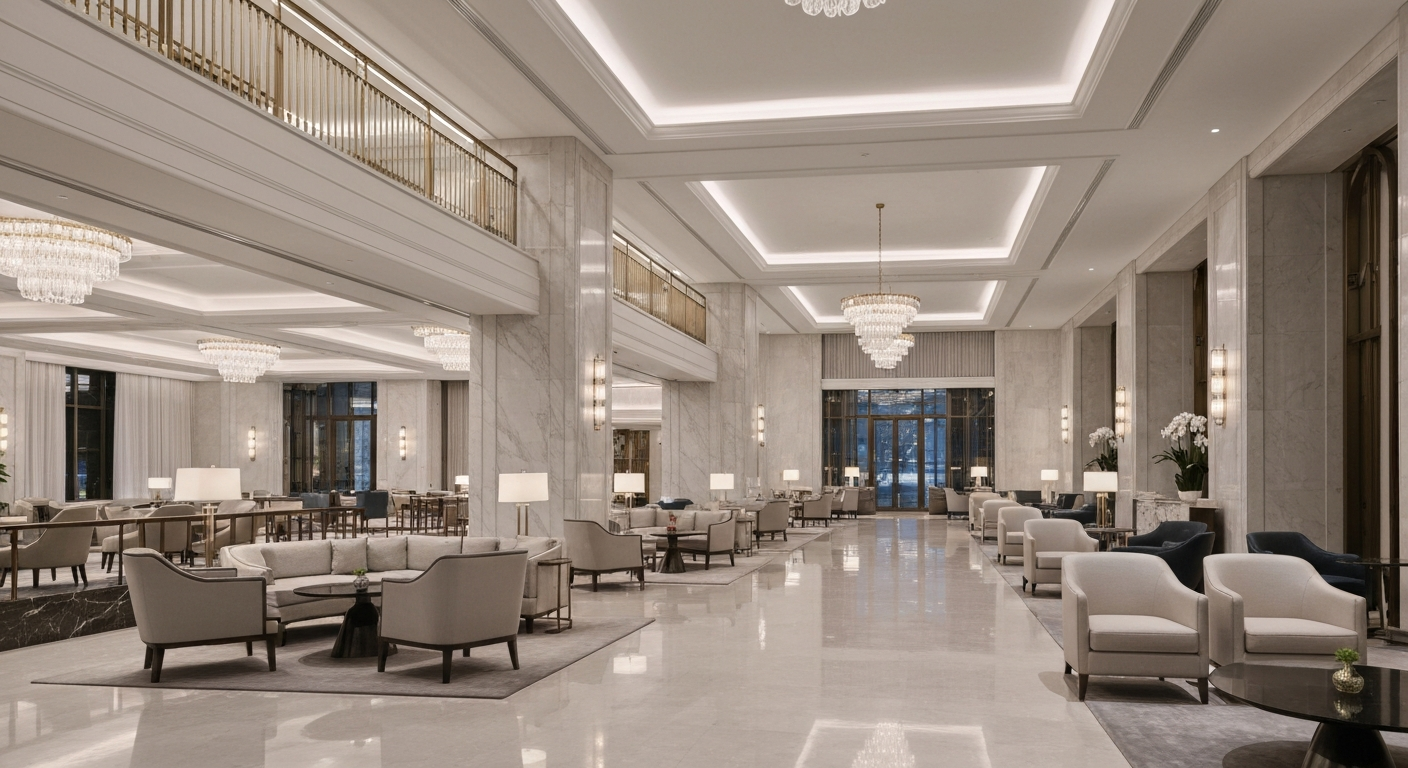 Elegant and modern hotel lobby interior showcasing luxurious design and sophisticated seating areas.
