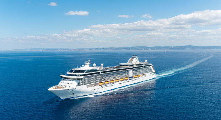 Modern P&O Cruises ship Arvia sailing past a picturesque European coastline