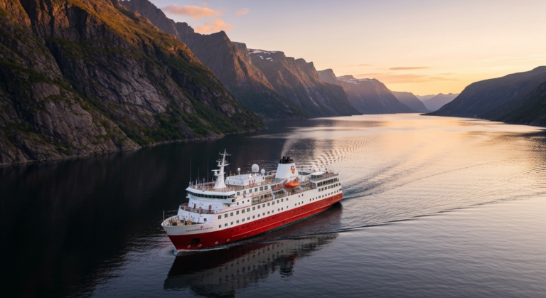 Hurtigruten's Vesterålen cruise ship sailing through a scenic Norwegian fjord at sunset