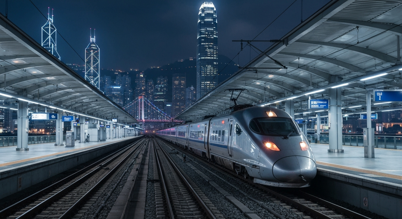 Modern high-speed train at a futuristic Hong Kong rail station with city skyline views.