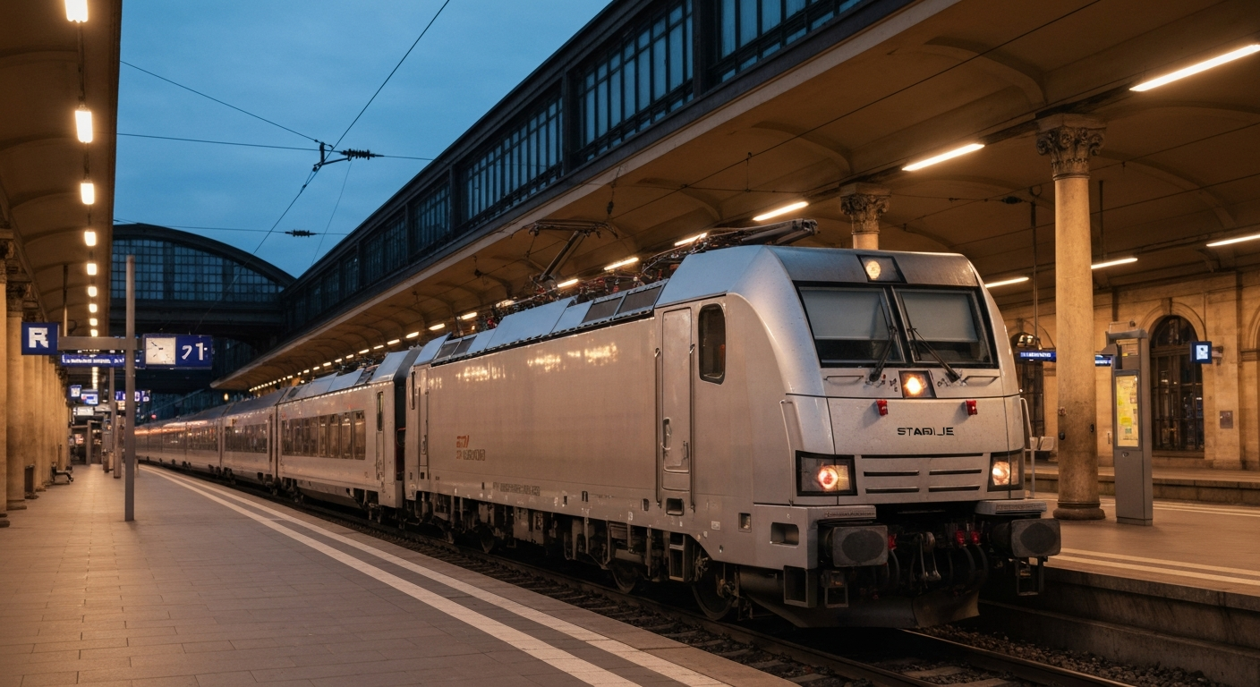 Modern Stadler Euro6000 locomotive parked at a brightly lit European railway station platform.