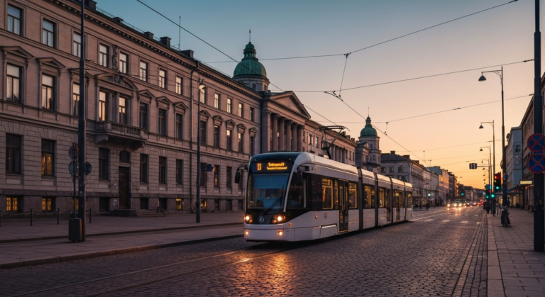 Modern tram on Helsinki street at dusk, city lights and classic architecture.