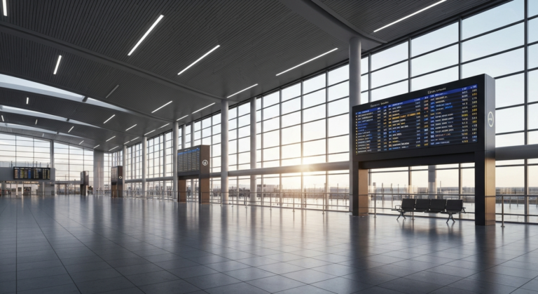 Modern, empty European airport terminal with large departure boards at dawn.