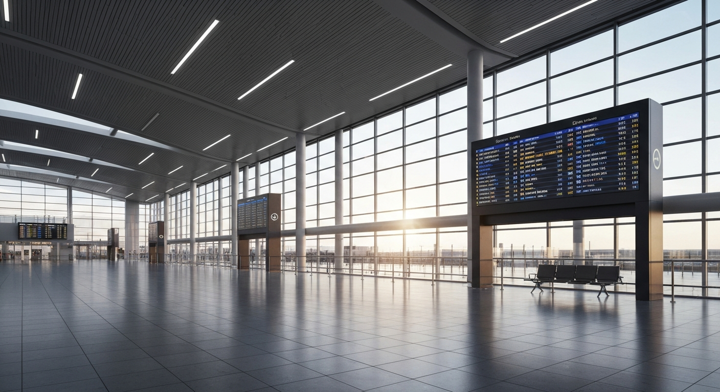Modern, empty European airport terminal with large departure boards at dawn.