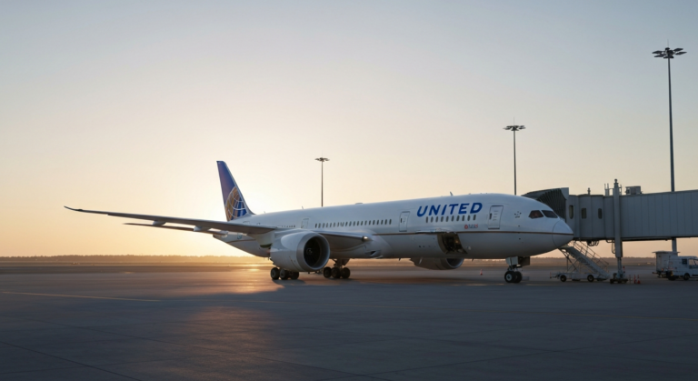 New United Airlines Boeing 787 Dreamliner parked at a modern airport gate at dawn