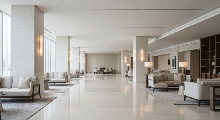 Elegant and modern luxury hotel lobby with minimalist design and ample natural lighting