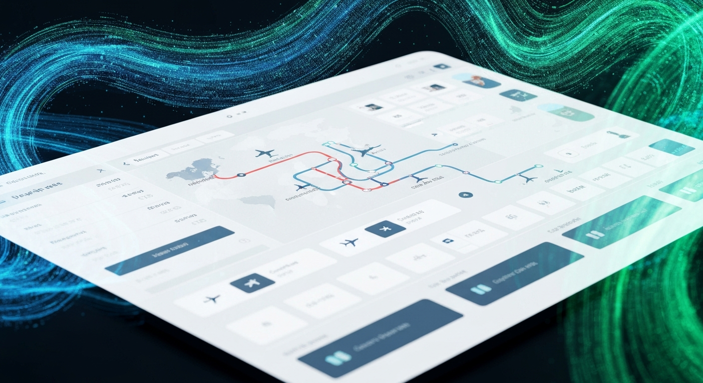 Abstract digital interface showing interconnected global travel routes and data streams