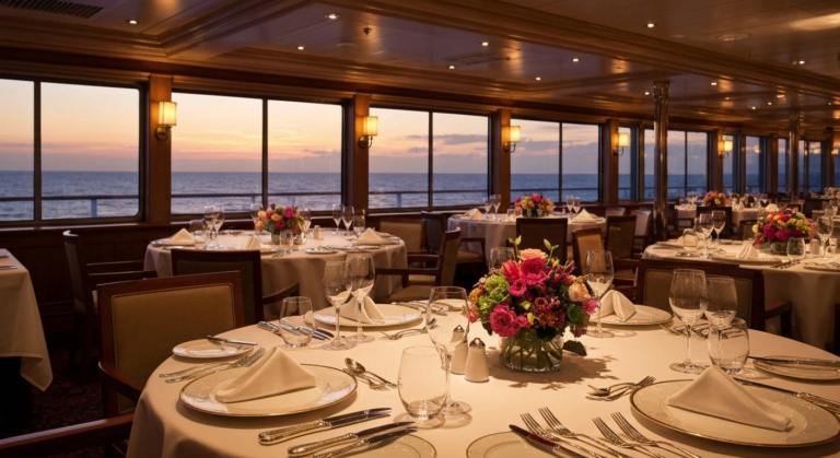 Elegant dining room on a luxury cruise ship with tables set for dinner at sunset