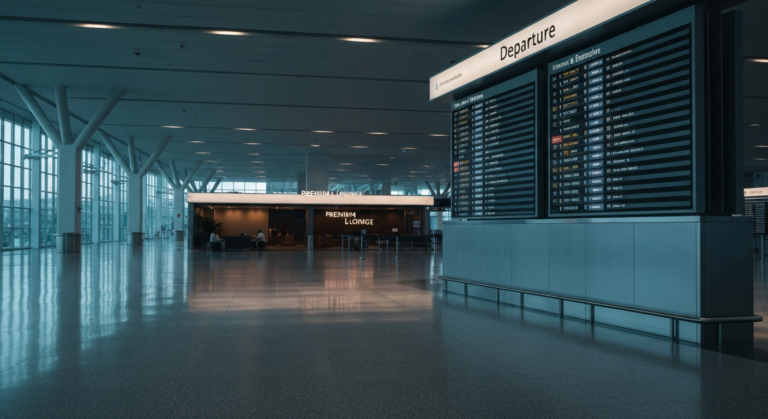 Sleek, empty terminal at Miami International Airport with illuminated departure boards and premium lounge.