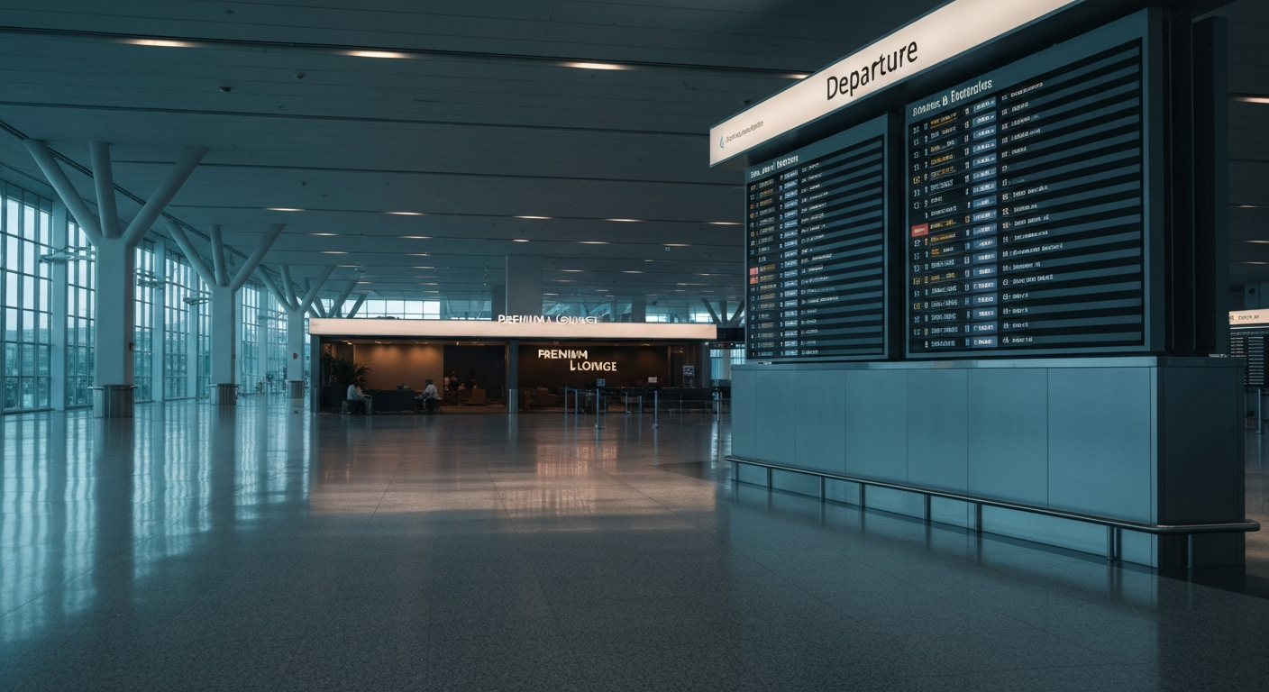 Sleek, empty terminal at Miami International Airport with illuminated departure boards and premium lounge.
