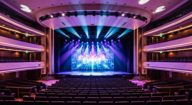 Modern cruise ship's vibrant theater stage illuminated, ready for a new production show at sea