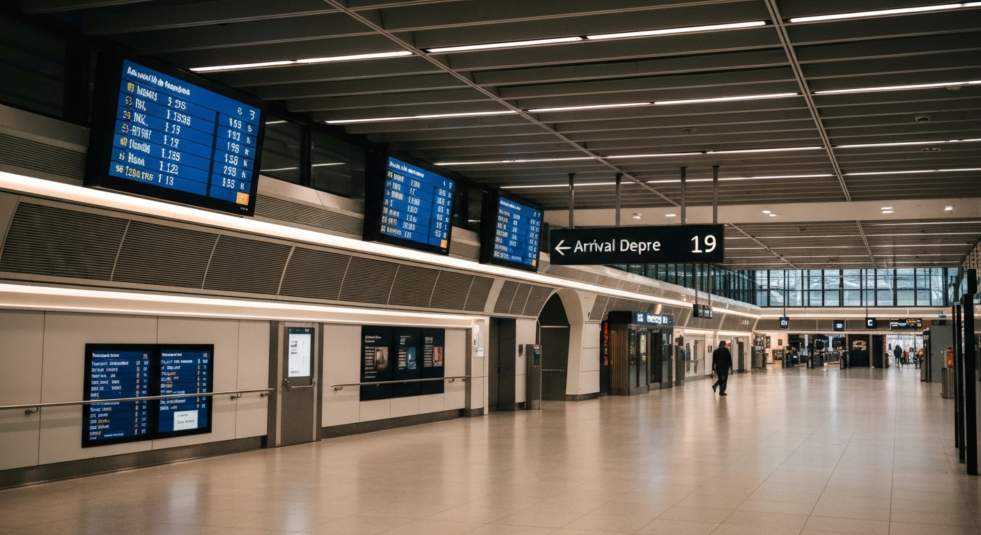 Modern, well-lit train station concourse in the UK, showcasing sleek design and information displays