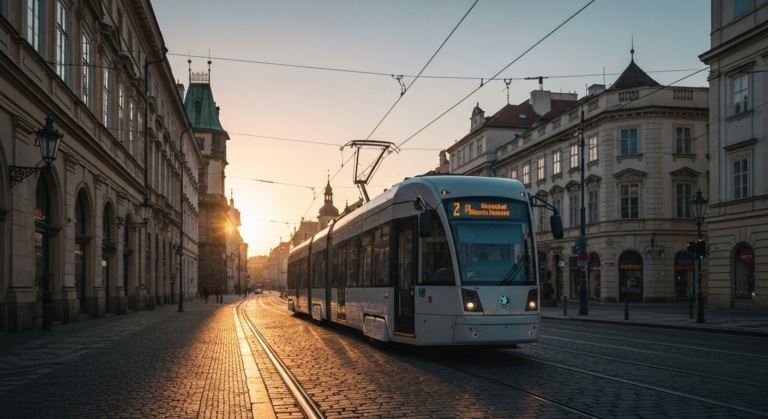 Modern Škoda tram on a historic Prague street at dawn, showcasing sleek design and urban integration.