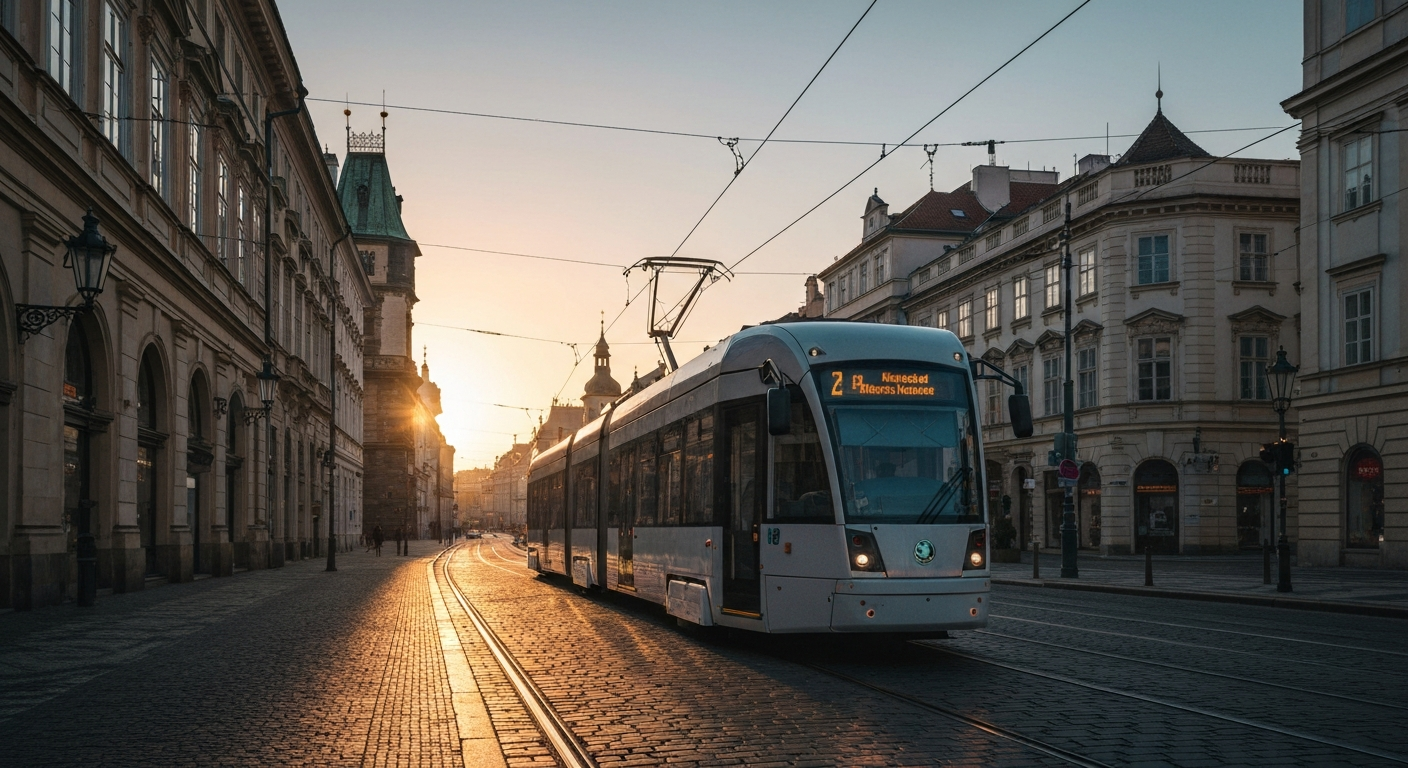 Modern Škoda tram on a historic Prague street at dawn, showcasing sleek design and urban integration.