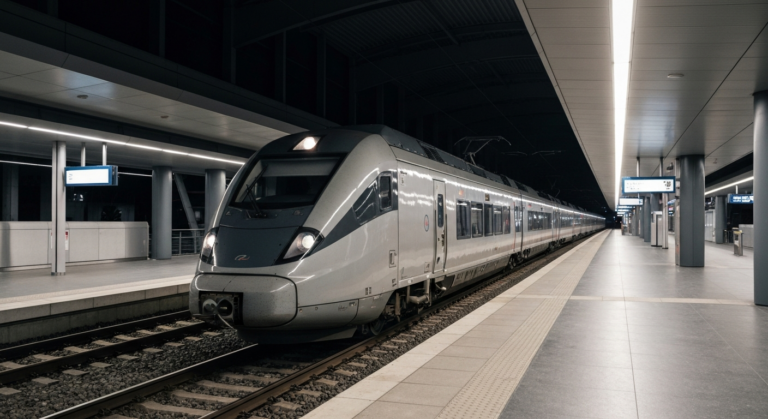 Modern Alstom Omneo Régio2N regional train arriving at a French railway station platform.