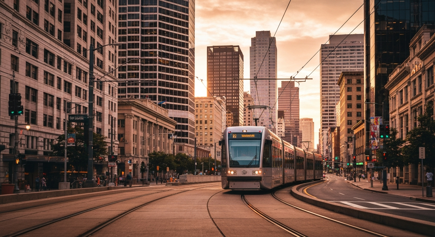 Modern light rail train navigating a bustling city center under a colorful sunset