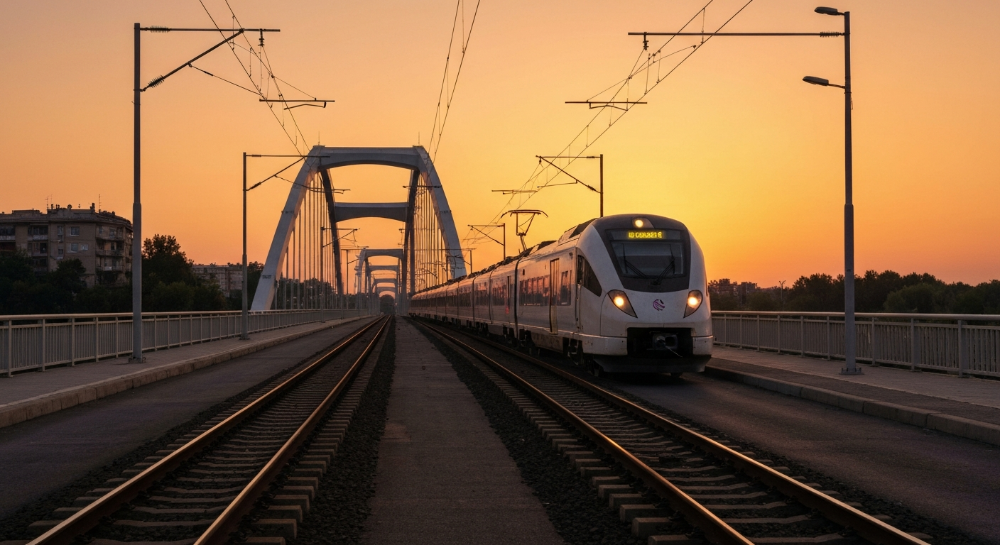 Modern train crossing a scenic bridge at sunset, symbolizing Europe-Asia rail connection