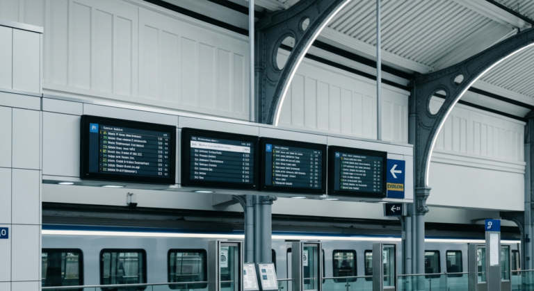 Modern UK train station interior with digital information screens and architectural details