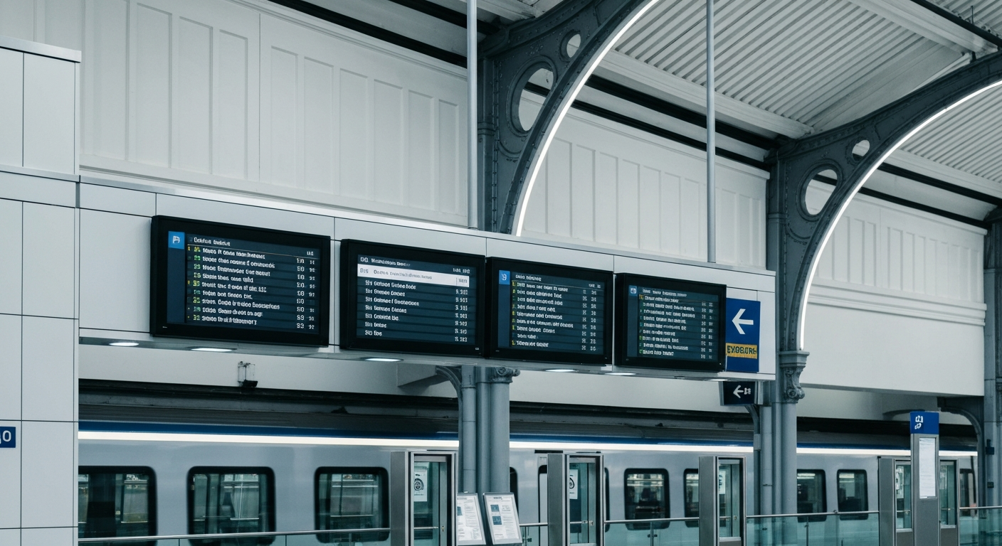 Modern UK train station interior with digital information screens and architectural details