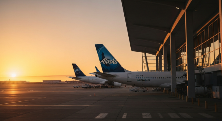 Alaska and Hawaiian Airlines aircraft parked at a modern airport gate during sunset.