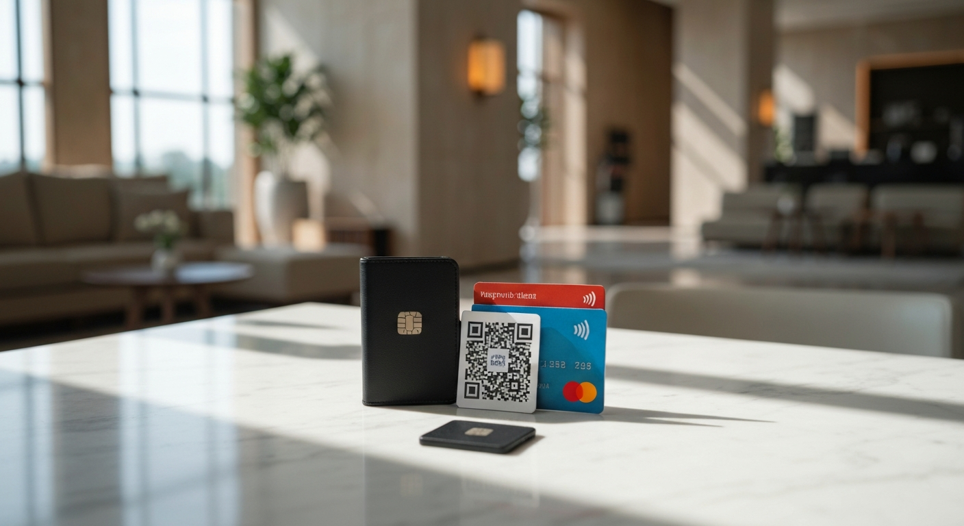 Diverse payment methods on a sleek counter, symbolizing modern travel booking flexibility and choice.