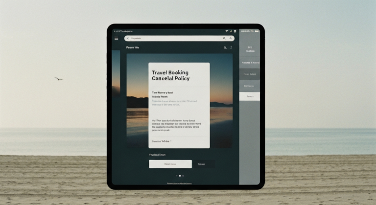 Digital interface showing flexible travel booking cancellation policy over a serene travel landscape