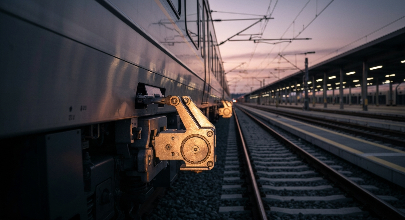Advanced digital automatic coupling mechanism on a modern train in a futuristic rail yard