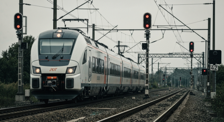 Modern hybrid RegioJet train on a European railway with advanced signaling technology