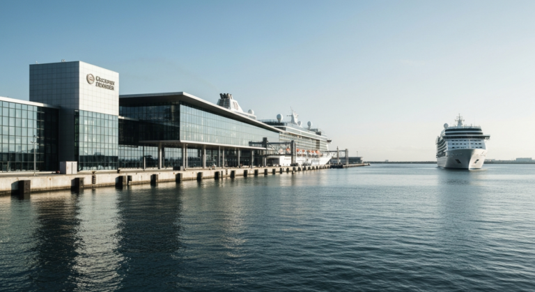 Modern cruise terminal building with a luxury cruise ship docked in a calm harbor