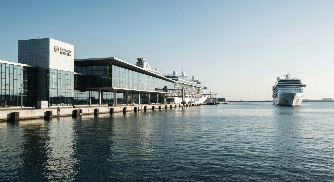 Modern cruise terminal building with a luxury cruise ship docked in a calm harbor