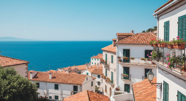 Scenic coastal town in Europe with traditional architecture under a clear summer sky