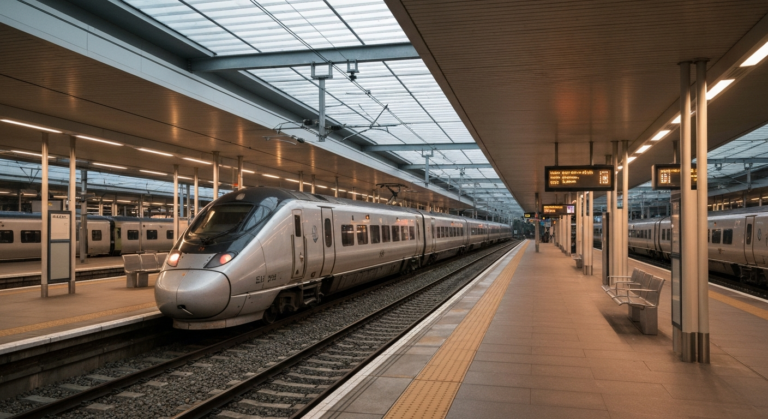 Modern ScotRail train waiting at a brightly lit station platform in Scotland.