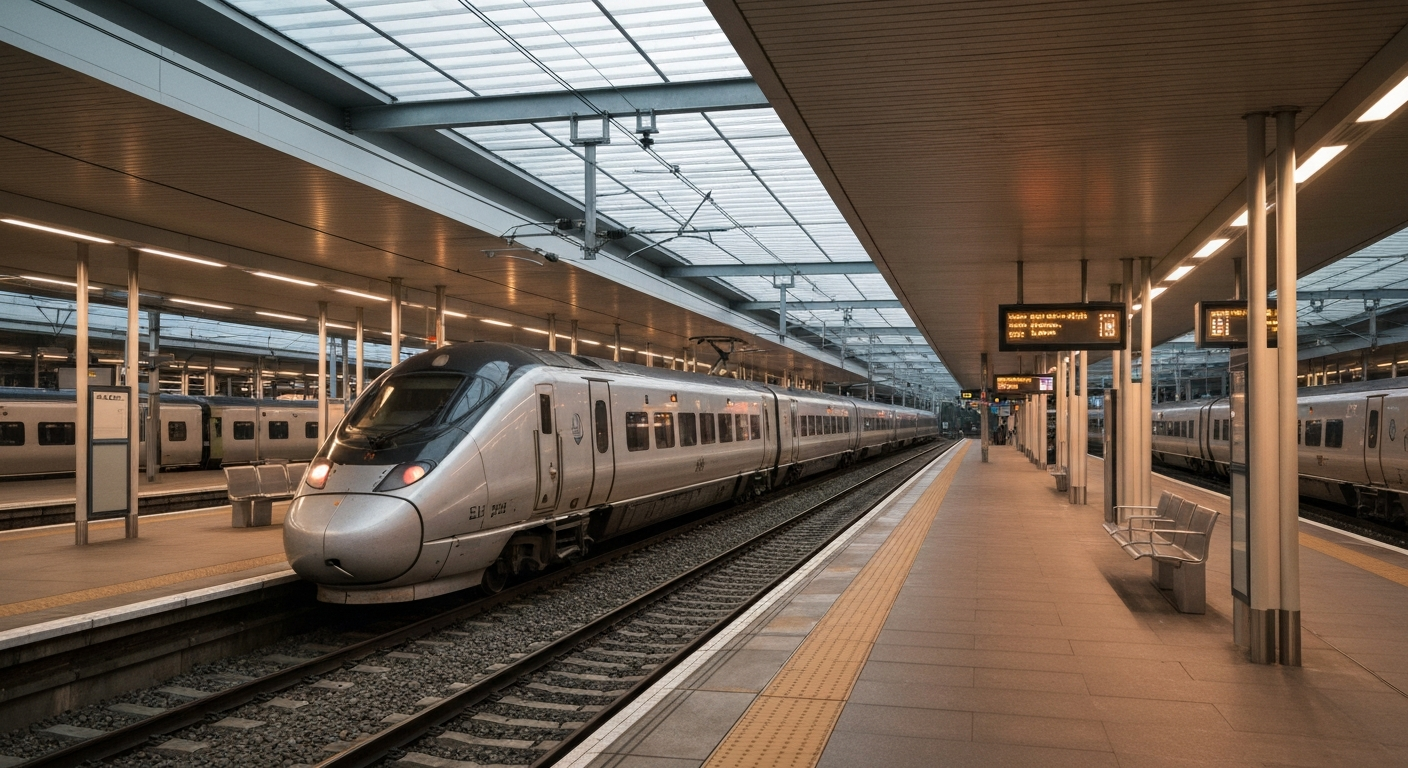 Modern ScotRail train waiting at a brightly lit station platform in Scotland.
