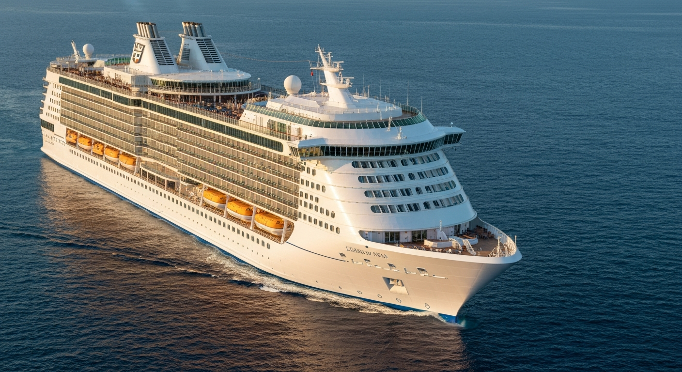 Royal Caribbean's Legend of the Seas cruise ship sailing in the Mediterranean Sea at sunset.