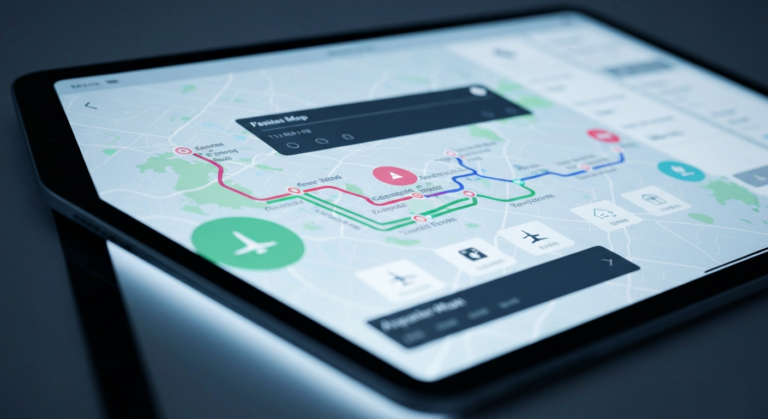 Digital map interface on a tablet displaying personalized travel routes and destination data