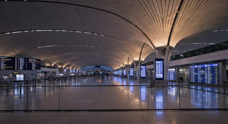 Modern airport terminal with large digital displays showing international flight information and elegant architecture.