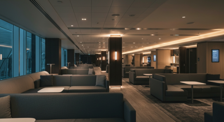 Spacious, modern British Airways airport lounge at London Heathrow, featuring comfortable seating and soft lighting.
