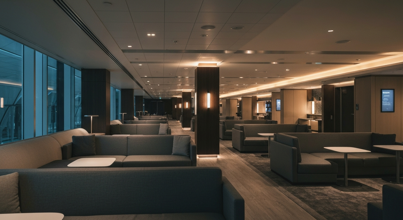 Spacious, modern British Airways airport lounge at London Heathrow, featuring comfortable seating and soft lighting.