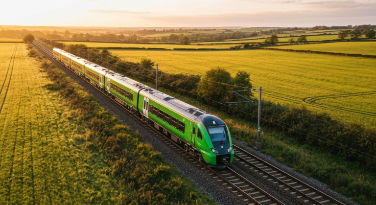 Modern passenger train traveling through lush British countryside on an open access route.