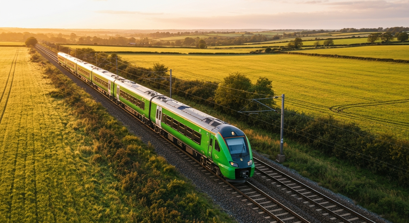 Modern passenger train traveling through lush British countryside on an open access route.
