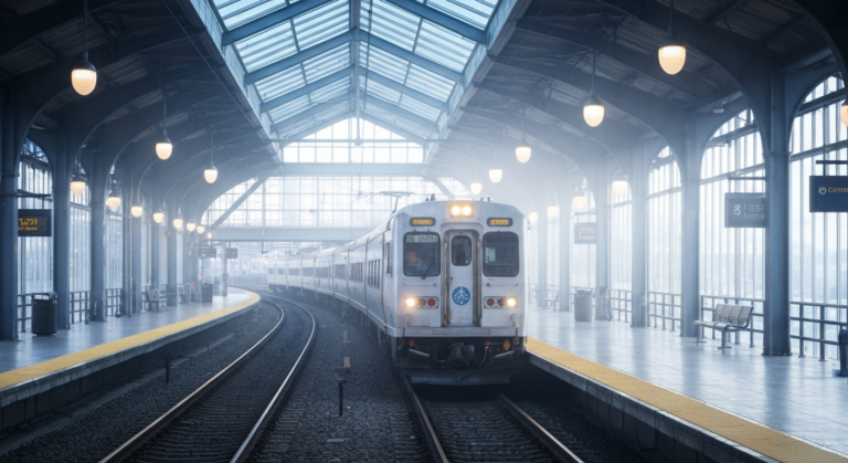 Modern passenger train arriving at a pristine North American rail station platform