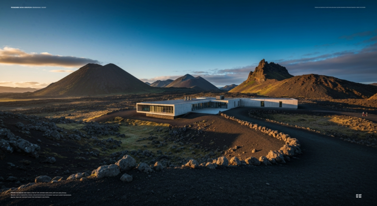 Modern sustainable visitor center blending into Iceland's rugged volcanic landscape under a clear sky.