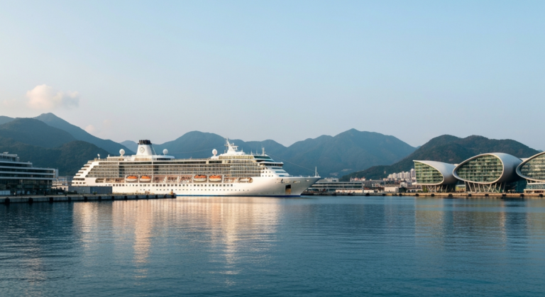 Elegant cruise ship moored in a scenic Vancouver port, framed by majestic mountains and clear harbor waters.