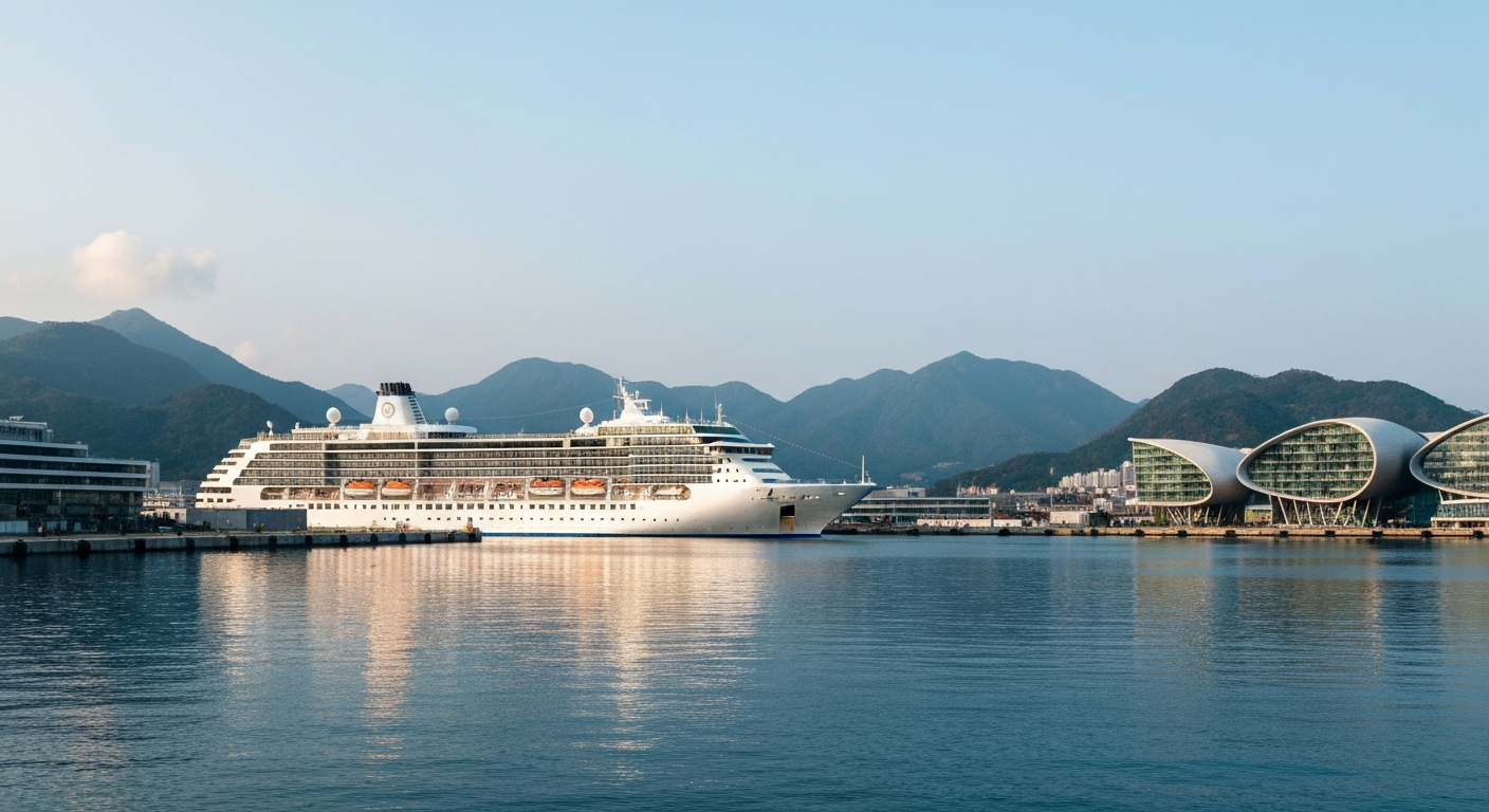 Elegant cruise ship moored in a scenic Vancouver port, framed by majestic mountains and clear harbor waters.