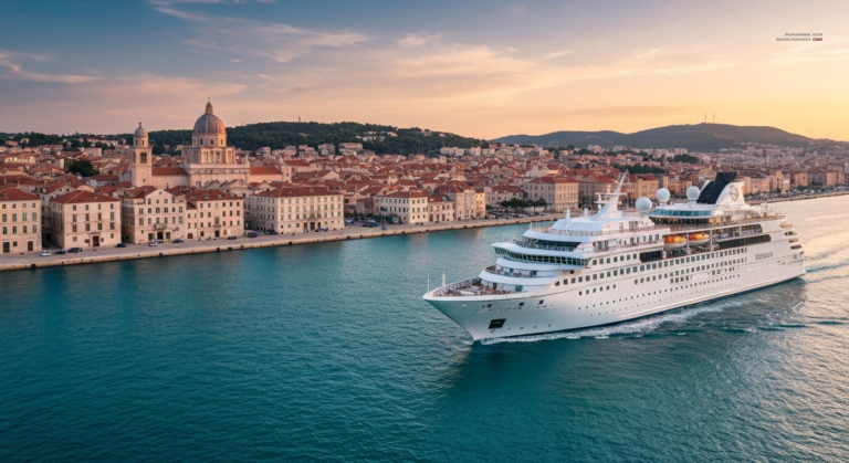 Luxury Oceania cruise ship sailing towards a historic Mediterranean port at sunset