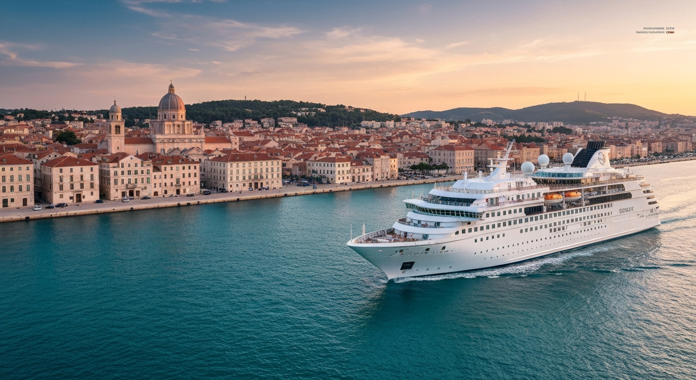 Luxury Oceania cruise ship sailing towards a historic Mediterranean port at sunset