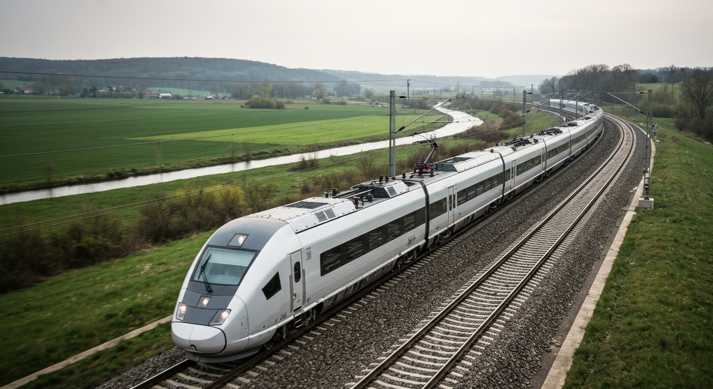 Modern high-speed train on a new railway track in Poland, showcasing advanced rail technology