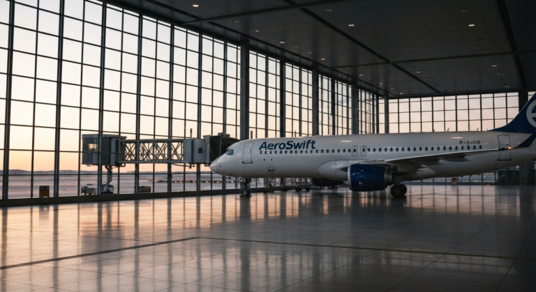 AeroSwift Airways aircraft at a modern, empty international airport terminal boarding gate at dawn